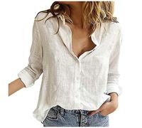 Damen-Bluse aus Baumwoll-Leinen, Knopfleiste, langärmelig, V-Ausschnitt, Business-Hemden, Frühling-Sommer-Outfits 2025, Weiß, XXL