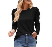 Damen Bluse Basic Langarmshirt Elegant T-Shirt Longsleeve Einfarbiges Rundhals Top Aus Jacquard Strick Mit Puffärmeln Longbluse Lässig Longtops Bequem Tshirt Modisch Longshirt Geschenke Für Frauen