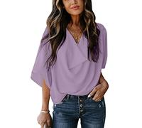 Damen Bluse, Chiffon-Bluse Für Damen Sommer Elegant Solide Wasserfallausschnitt Oberteile Modische Pullover Mit Fledermausärmeln Tunika-Oberteile Lässige Lockere Arbeitsblusen T-Shirts Für Damen