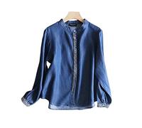 Damen Bluse,Damen-Jeanshemd Mit Langen Ärmeln, Ethnischer Aztekenstickerei, Knopfleiste, Blaues Jeanshemd, Lässig, Locker, Bluse, Tunika, Oberteil, Stehkragen, Hemdtaschen, Jacke für Mädchen,Blau,L