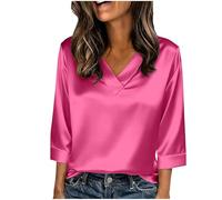 Damen Bluse,Elegant 3/4 Arm Stretch Satin Oberteile V-Ausschnitt Satinbluse Einfarbig T-Shirt Festliche Party Outfits Casual Blusenshirt Tops glänzende Seide,für Business,Büro,Arbeit,Abend