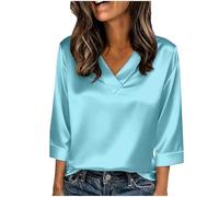 Damen Bluse,Elegant 3/4 Arm Stretch Satin Oberteile V-Ausschnitt Satinbluse Einfarbig T-Shirt Festliche Party Outfits Casual Blusenshirt Tops glänzende Seide,für Business,Büro,Arbeit,Abend