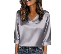 Damen Bluse,Elegant 3/4 Arm Stretch Satin Oberteile V-Ausschnitt Satinbluse Einfarbig T-Shirt Festliche Party Outfits Casual Blusenshirt Tops glänzende Seide,für Business,Büro,Arbeit,Abend