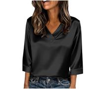 Damen Bluse,Elegant 3/4 Arm Stretch Satin Oberteile V-Ausschnitt Satinbluse Einfarbig T-Shirt Festliche Party Outfits Casual Blusenshirt Tops glänzende Seide,für Business,Büro,Arbeit,Abend