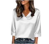 Damen Bluse,Elegant 3/4 Arm Stretch Satin Oberteile V-Ausschnitt Satinbluse Einfarbig T-Shirt Festliche Party Outfits Casual Blusenshirt Tops glänzende Seide,für Business,Büro,Arbeit,Abend