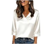 Damen Bluse,Elegant 3/4 Arm Stretch Satin Oberteile V-Ausschnitt Satinbluse Einfarbig T-Shirt Festliche Party Outfits Casual Blusenshirt Tops glänzende Seide,für Business,Büro,Arbeit,Abend