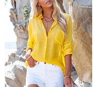 Damen Bluse Elegant, Damen Langarmbluse Badeanzug Cover Ups Leicht Schlicht V-Ausschnitt Shirts Tops Lässig Locker Gemütlich Button-Down-Blusen Sommer Sexy Boho Fledermausärmel Strandhemd,Gelb,M