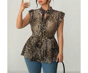 Damen Bluse in Große Größen, Palast-Stil plissierte Chiffon-Bluse mit elegantem Volant-Ärmel-Design, Militärblau, geeignet für Schulanfang, Abschluss,