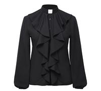 Damen-Bluse, Kirchenhemd, Schlaufenkragen, elastische Manschette, langärmelig, Lotus-Rüschen-Bluse, Schwarz, S
