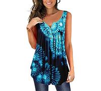 Damen Bluse Knopf V-Ausschnitt Vintage Blumendruck Top Ärmellos Große Größe Hemd Bequemes Loose Fit Weste Basic Shirt Tunika Tops T-Shirt Oberteil (blau 4/M)