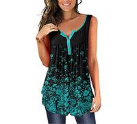 Damen Bluse Knopf V-Ausschnitt Vintage Blumendruck Top Ärmellos Große Größe Hemd Bequemes Loose Fit Weste Basic Shirt Tunika Tops T-Shirt Oberteil (Grün/XXL)