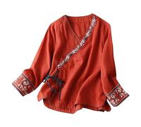 Damen Bluse Kurzarm, Musselin Bluse Damen Kurzarm, Baumwolle Leinen Shirt 3/4 Arm Blusen & Tuniken V-Ausschnitt Oberteile Elegant Leinenhemd Langarm Black-Friday-Angebote