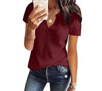 Damen Bluse Kurzarm Oberteile Tshirt V-Ausschnitte Elegant Sommershirts Mode Lose Damenblusen Waffel Strick Material Hemdbluse T-Shirt Tops