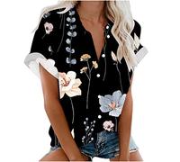 Damen Bluse Kurzarm Sommershirts Mode Lose Tunika Lose Damen Oberteile Tshirt mit Kragen Kurz Ärmel T Shirt Tops Bunte Blumenmuster Druck V-Ausschnitte Elegant Damenblusen Hemdbluse