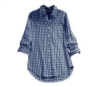 Damen-Bluse, lässig, langärmelig, V-Ausschnitt, Knopfleiste, Tunika, T-Shirts, kariert, Revers, lange Ärmel, Vintage-Stil, klassisches Oberteil für Damen, dunkelblau, 42