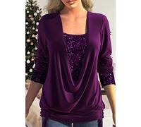 Damen Bluse Langarmshirt,Langarm-T-Shirts Für Damen Mode Lila Spleißen Pailletten Wasserfallausschnitt Pullover Tunika Oberteile Elegant Locker Gerüschter Saum T-Shirts Basic-T-Shirts Blusen Für