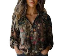 Damen Bluse Leinen Langarm Retro-Drucken Blusenshirt Damen Bequeme Tuniken Mit Taschen Langarmshirt Basic Longbluse Luftig Leinenoberteile Blusen Mit Button Sommer Locker Musselin Longshirt Top