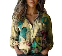 Damen Bluse Leinen Langarm Retro-Drucken Blusenshirt Damen Bequeme Tuniken Mit Taschen Langarmshirt Basic Longbluse Luftig Leinenoberteile Blusen Mit Button Sommer Locker Musselin Longshirt Top