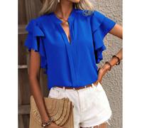 Damen-Bluse mit blauen V-Ausschnitt, doppeltem Schichtenrüscheärmeln, Sommer-Shirt, Größe L