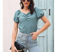 Damen-Bluse mit blauer Puffärmeln, V-Ausschnitt, Größe L, Sommer-Casual-Shirt