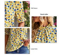 Damen-Bluse mit Blumenmuster, Rüschenkragen, Puffärmel, Sommer, Größe M