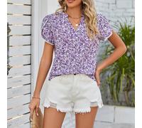 Damen-Bluse mit Blumenmuster und V-Ausschnitt, Sommer, Lila, Größen S-XXL
