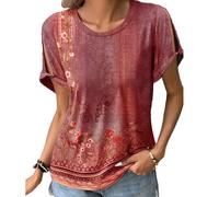 Damen-Bluse mit floralem Druck, kurzärmelig, Rundhalsausschnitt, rot, Größe L, 102 cm Brust, Sommer-Pullover