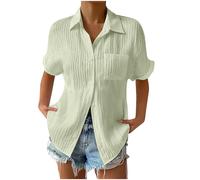 Damen-Bluse mit gesmoktem, gestreiftem Boyfriend-Shirt, lässiger Kragen, kurze Ärmel, Button-Down-Bluse, Tops mit Tasche, Hellgrün, XL