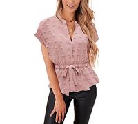 Damen Bluse mit Knopfleiste, lässig, Schößchen, Sommer-Top, elegante Chiffon-Arbeitsbluse, Oberteile, Rosa Pompon, Groß