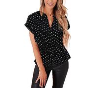 Damen Bluse mit Knopfleiste, lässig, Schößchen, Sommer-Top, Elegante Chiffon-Arbeitsbluse, schwarz mit Punkten, XX-Large