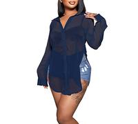 Damen-Bluse mit Knopfleiste, sexy, langärmelig, Netzstoff, durchsichtig, Tops, B Navy, XX-Large