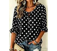 Damen Bluse mit lockerem Schnitt, 3/4 Ärmeln und Rüschensaum, mit Polka Dot, Blumen- und geometrischem Muster, für den Urlaub, Schwarz, Sommer