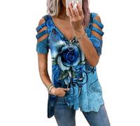 Damen-Bluse mit schulterfreiem Schnitt, Damen-Kurzarm, lockerer Reißverschluss, V-Ausschnitt, T-Shirt, lässig, Bedruckt, Tunika, aushöhlen, locker sitzende Bluse, Basic-Oberteile, Sommeroberteile
