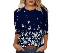Damen Bluse Mode 3/4 Ärmel Tshirt Rundhals Oberteile Blumendruck Shirt Sommer Tunika Tops Dünne Pullover Teenager Mädchen T-Shirt LongtopsBlusen & Tuniken für Damen Sportbekleidung für Outdoor