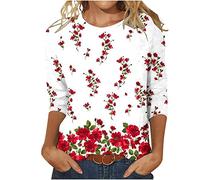 Damen Bluse Mode 3/4 Ärmel Tshirt Rundhals Oberteile Blumendruck Tunika Shirt Sommer Tops Dünne Pullover T-Shirt Teenager Mädchen Longtops Boho T Shirts Blusentops Große Größen für Outdoor