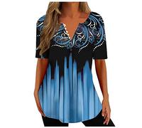 Damen Bluse Mode Farbblock Patchwork Longtops Knöpfe V-Ausschnitt Longbluse Locker Oberteile Blusenshirt Kurzarm Tshirt Sommer Tops Pullover Shirt Bequeme Blusen Lange T-Shirt Tunika Hemdbluse