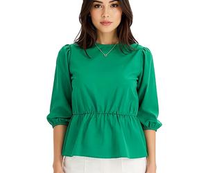 Damen Bluse Rundhals-Bluse mit 3/4 Ärmeln und Taillengummi Baumwoll-Bluse 950069 Grün 54