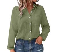 Damen Bluse Sommer Elegant Baumwolle Frühling Einfarbiges Baumwoll-Leinen-Mischgewebe Mit Falten Gürteltasche Lockerem Schnitt Langen Ärmeln Oversized T Shirt Oberteil T-Shirt Shirts Grün XL