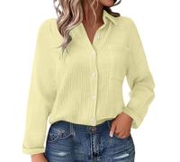 Damen Bluse Sommer Elegant Baumwolle Frühling Einfarbiges Baumwoll-Leinen-Mischgewebe Mit Falten Gürteltasche Lockerem Schnitt Langen Ärmeln Oversized T Shirt Oberteil T-Shirt Shirts Beige XXL