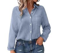 Damen Bluse Sommer Elegant Baumwolle Frühling Einfarbiges Baumwoll-Leinen-Mischgewebe Mit Falten Gürteltasche Lockerem Schnitt Langen Ärmeln Oversized T Shirt Oberteil T-Shirt Shirts Marine XL