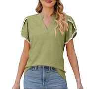 Damen Bluse Sommer Tshirt Mode Einfarbig Oberteile V-Ausschnitt Kurzarm T-Shirt Tee Tops Lose Bequeme Pullover Teenager Mädchen Shirt Tunika Pulli Freizeit T Shirts Longtops Sportshirt für Outdoor