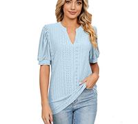 Damen Bluse Sommer Tshirt Retro Einfarbig Oberteile Kurzarm T-Shirt mit V-Ausschnitt Pullover Locker Tee Tops Basic Tunika All Match Pulli Shirt Slim Fit T Shirts Blusentops Sportshirt für Outdoor