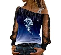 Damen Bluse T-Shirt Damen Langarm Sweatshirt Sexy Schulterfrei Shirt Bluse Glitzer Spitze Langarmshirt Frühling Sommer Oberteile Tunika Tops Elegant Hemdbluse Streetwear
