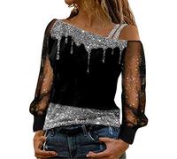 Damen Bluse T-Shirt Damen Langarm Sweatshirt Sexy Schulterfrei Shirt Bluse Glitzer Spitze Langarmshirt Frühling Sommer Oberteile Tunika Tops Elegant Hemdbluse Streetwear