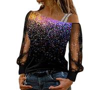 Damen Bluse T-Shirt Damen Langarm Sweatshirt Sexy Schulterfrei Shirt Bluse Glitzer Spitze Langarmshirt Frühling Sommer Oberteile Tunika Tops Elegant Hemdbluse Streetwear