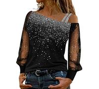 Damen Bluse T-Shirt Damen Langarm Sweatshirt Sexy Schulterfrei Shirt Bluse Glitzer Spitze Langarmshirt Frühling Sommer Oberteile Tunika Tops Elegant Hemdbluse Streetwear