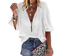 Damen Bluse Tops Damen Langarm Lose Reißverschluss V-Ausschnitt T-Shirts Lässige Tunika T-Shirt Damen Tops Sexy T-Shirts Zip Shirts Lässige Blusen Tunika Tops Einfarbig Reißverschluss T-Shirt