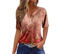 Damen Blusen Kurzarm Sommer T-Shirt Oberteile Bunte Blumen Drucken Baumwolle Tops V-Ausschnitt Tunika Hemdbluse mit Knopf Elegant Freizeit Kurzarmshirt Sommershirts