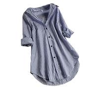 Damen Blusen Langarmshirt Longbluse Blau-Weiß Gestreifte Lang Shirtbluse Sommer Oversized Tunika Hemd Oberteile Tops Mode V-Ausschnitt Leicht Große Größen Streifenbluse Hemdbluse