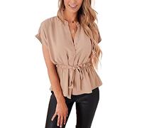 Damen-Blusen mit Knopfleiste, lässiges Schößchen, Sommer-Top, Elegante Chiffon-Arbeitsbluse, Aprikose, X-Klein